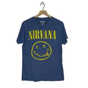 Nirvana Nevermind Smiley Face Band T-Shirt Size‎ Small Grudge Blue Short Sleeve
